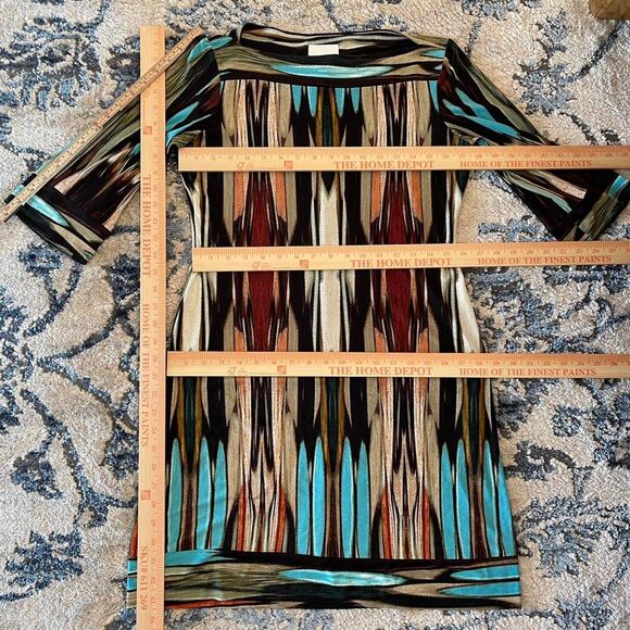Donna Morgan Retro Print Multicolor Shift Dress Stretch Knit Mod 3/4 Sleeve Sz 4 - Picture 8 of 8